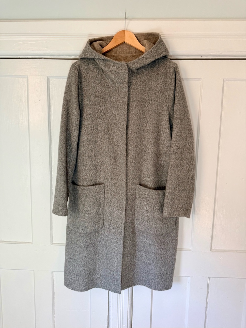 Eileen Fisher Hooded Wool-Blend Coat in Gray and Tan